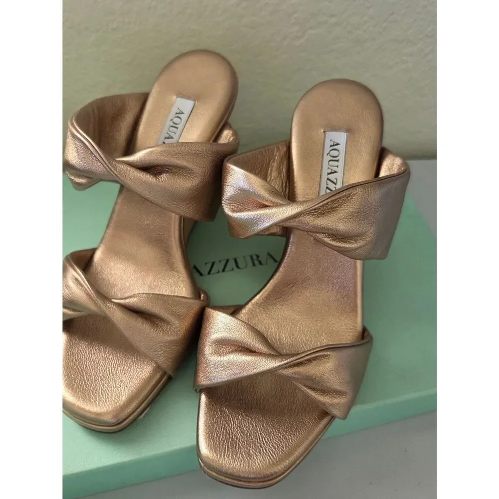 AQUAZZURA Twist Metallic Leather Wedge Mules in Light Copper $750